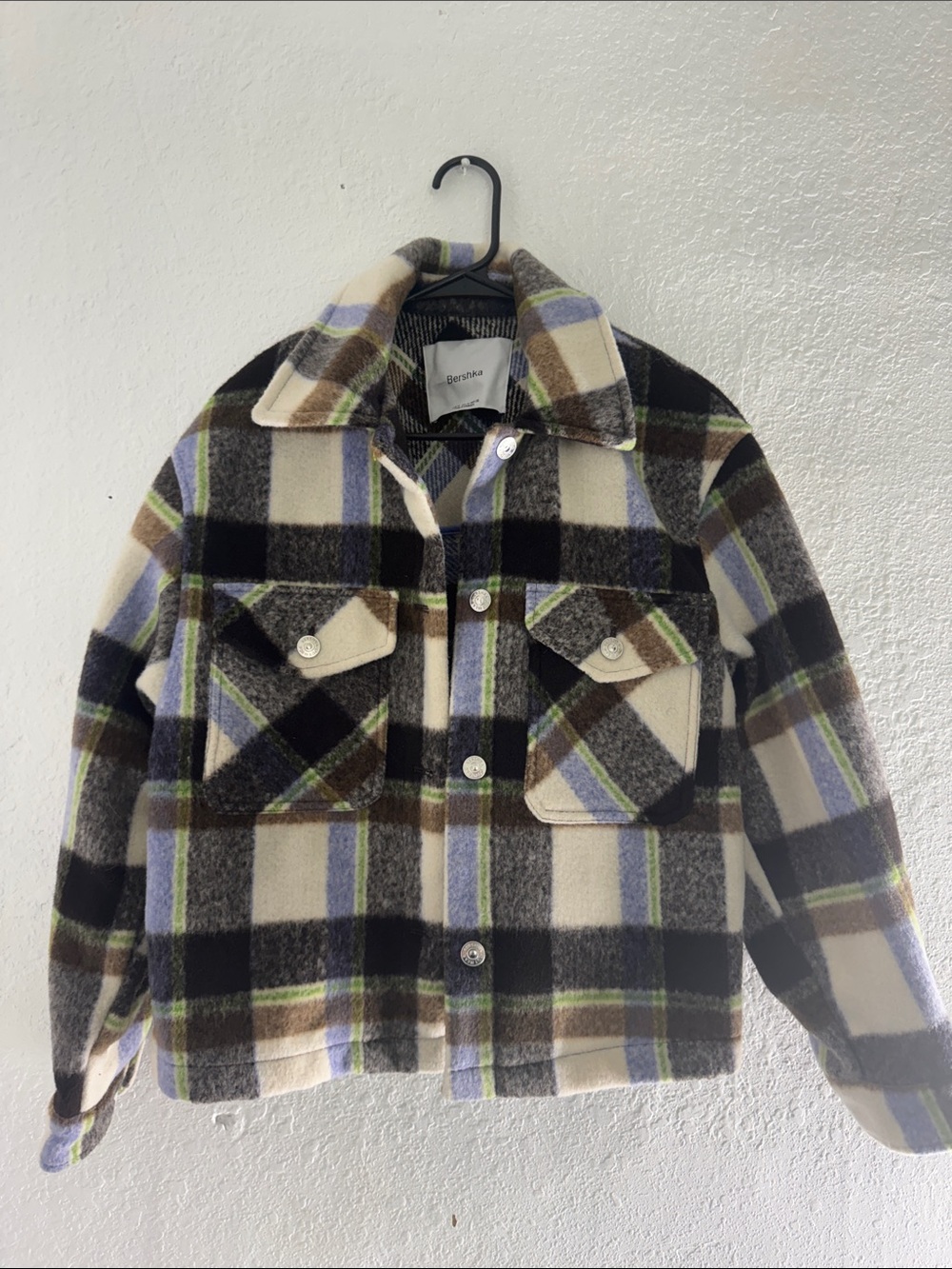 Bershka Plaid Shacket in Black, Cream & Olive with Blue Accents